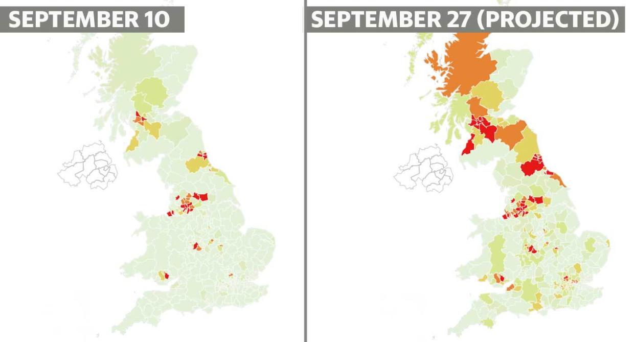 The map shows the likelihood a local authority will become a coronavirus hotspot. The darker the shade of red the more likely it will become a hotspot.