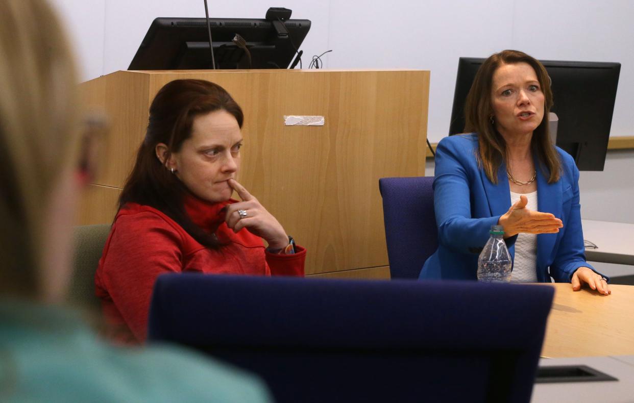 First Congressional District candidate Christina Bohannan, right, and Abbey Hardy-Fairbanks, Medical Director of Emma Goldman Clinic and Clinical Professor of Obstetrics and Gynecology, left, talk to UI medical students about reproductive legislation Monday, Feb. 5, 2024 in Iowa City.