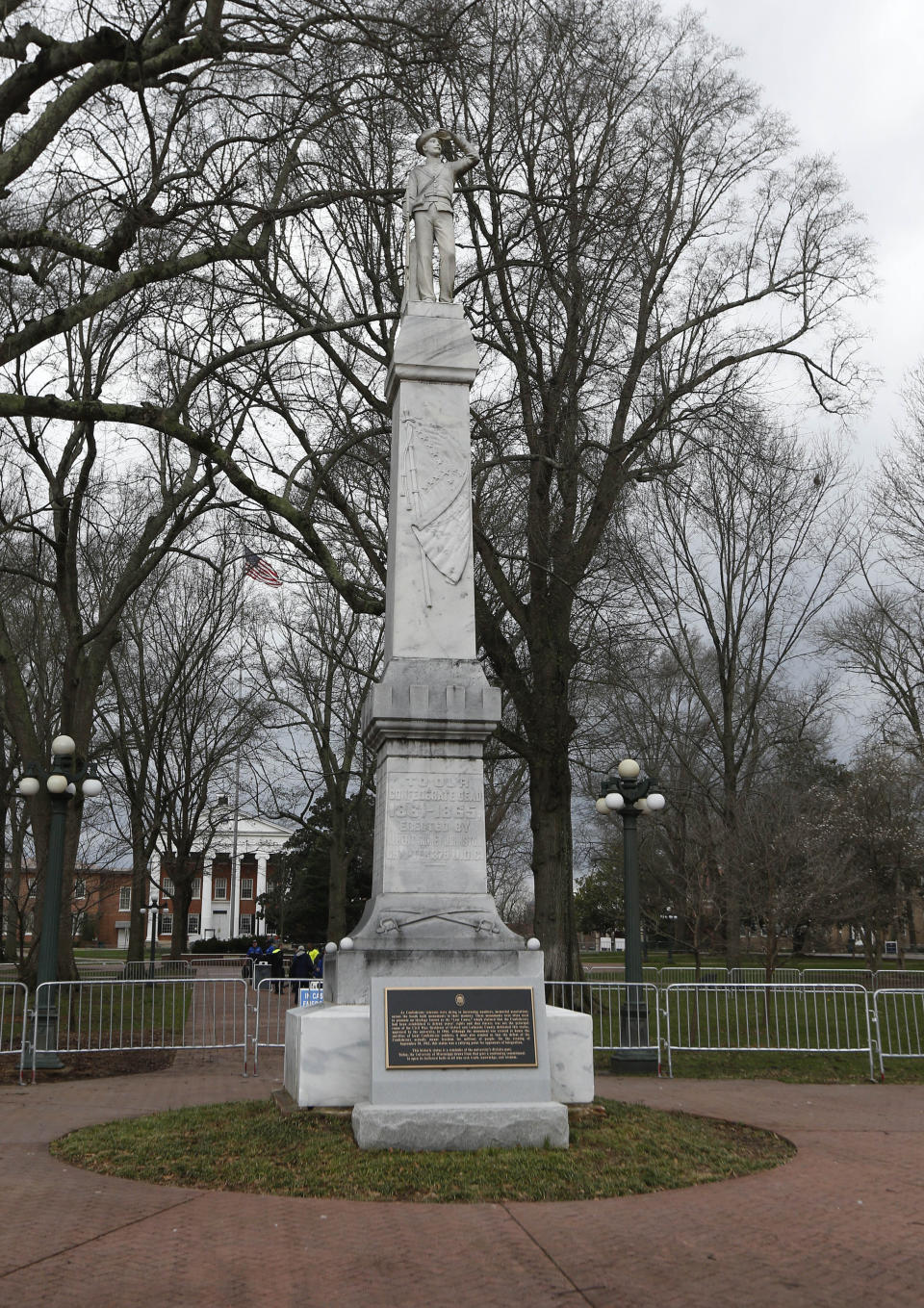 This is a Feb. 23, 2019 photograph of the Confederate soldier monument at the University of Mississippi in Oxford, Miss. The Associated Student Body Senate voted 47-0, Tuesday night, March 5, 2019, for a resolution asking the university's administrators to move the statue to the Confederate cemetery, behind the Tad Smith Coliseum, also on campus. (AP Photo/Rogelio V. Solis)