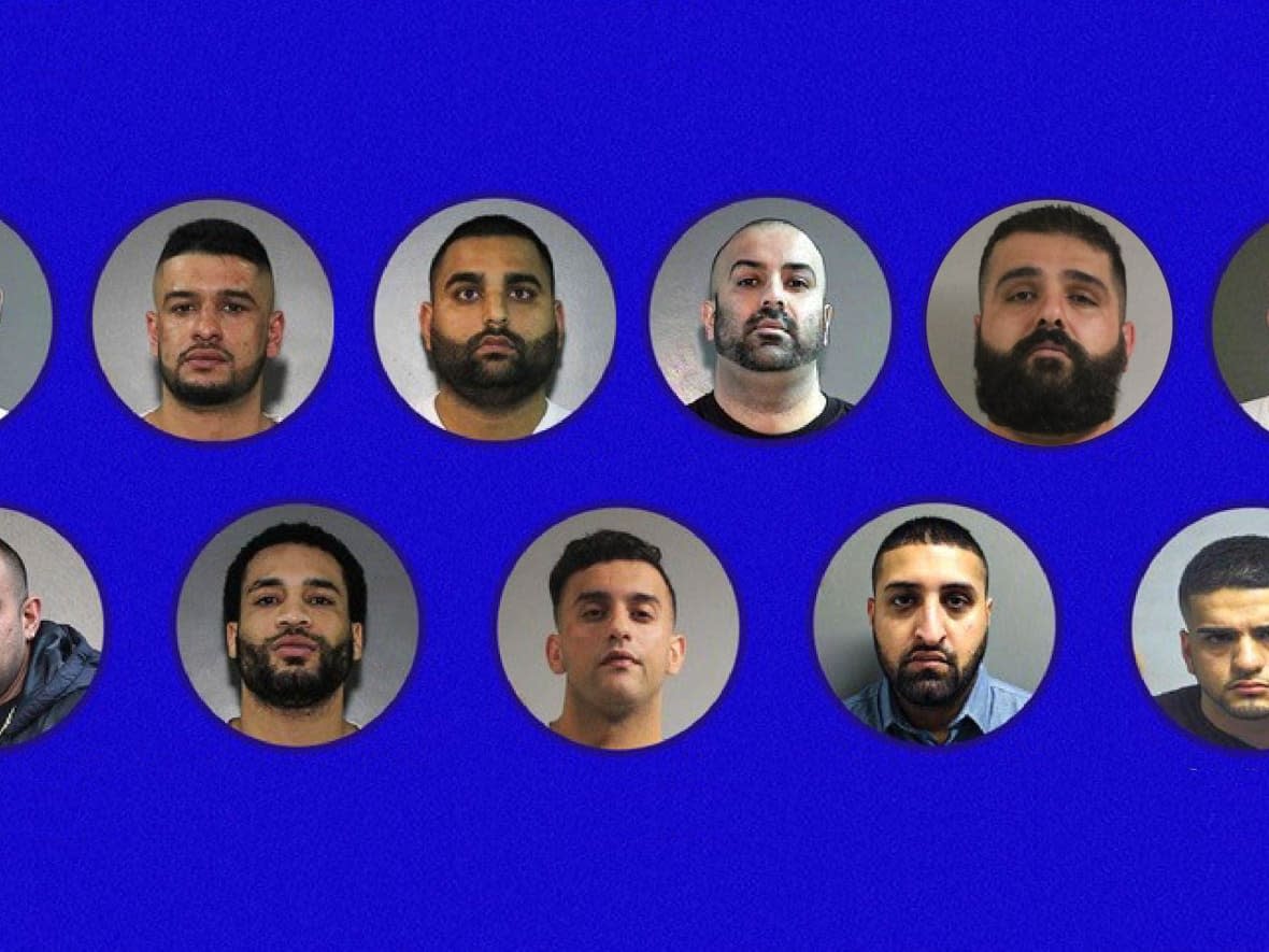 Composite image of the public safety warning issued by the Combined Forces Special Enforcement Unit of B.C. on Aug. 3, 2022, warning the public to avoid these 11 men. (CFSEU-BC - image credit)