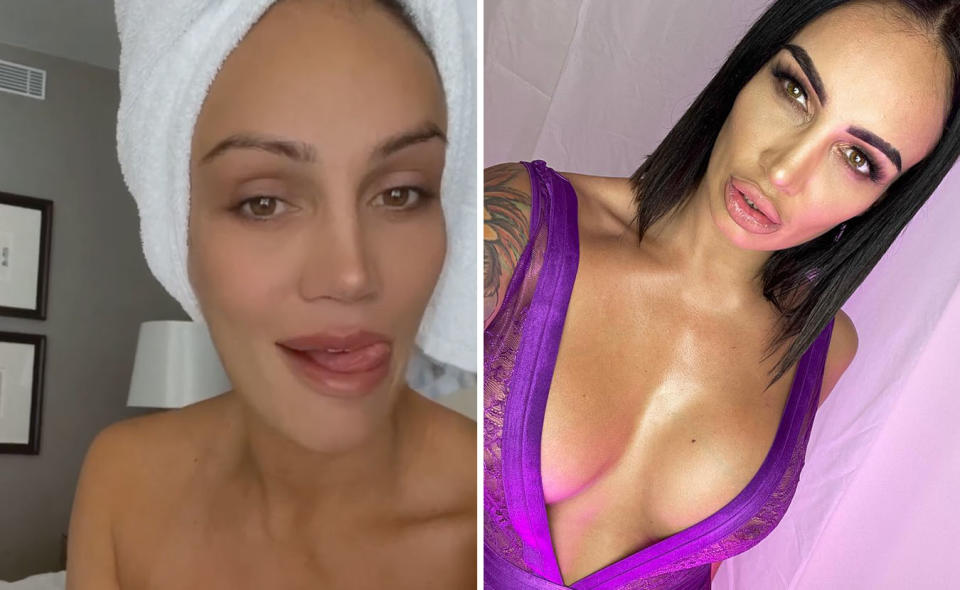 L: Hayley Vernon topless wearing a towel on her head with her tongue out. R: Selfie of Hayley Vernon in a low cut purple lingerie set