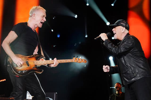 <p>Myrna M. Suarez/Getty</p> Sting and Billy Joel performing "Every Little Thing She Does Is Magic" together at Tama's Raymond James Stadium on Feb. 24, 2024