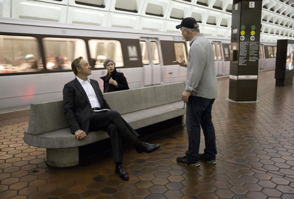 Director David Fincher with Kevin Spacey and Kate Mara on the set of Netflix's "House of Cards."<br><br> <a href="http://tv.yahoo.com/features/top-notch-tv/" data-ylk="slk:More Top-Notch TV;elm:context_link;itc:0;sec:content-canvas" class="link ">More Top-Notch TV</a>