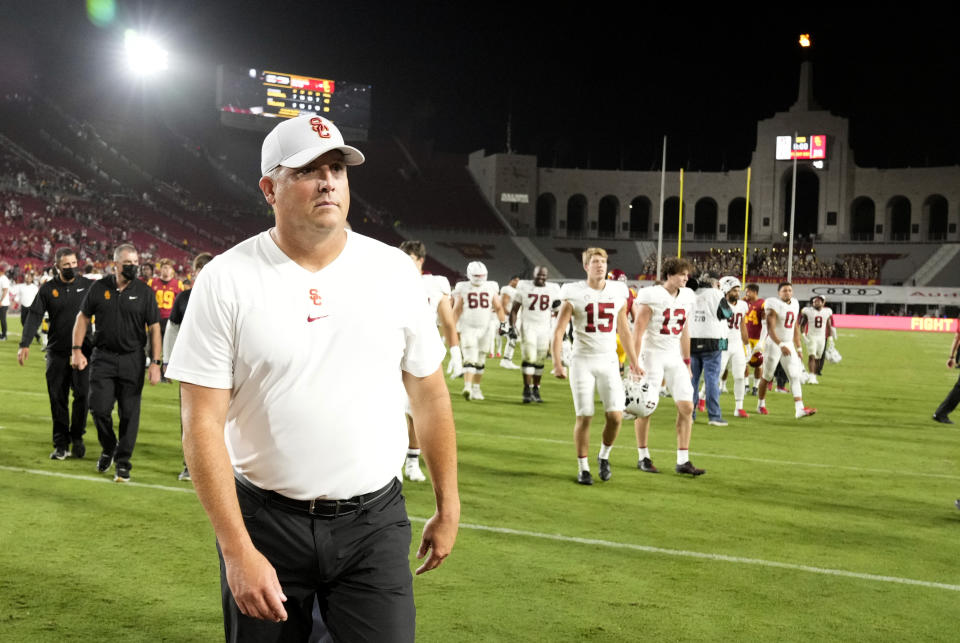 USC coach Clay Helton walks off the field after a loss to the Stanford Cardinal at the Los Angeles Memorial Coliseum on Saturday. Helton was fired by USC on Monday. (Keith Birmingham/MediaNews Group/Pasadena Star-News via Getty Images)