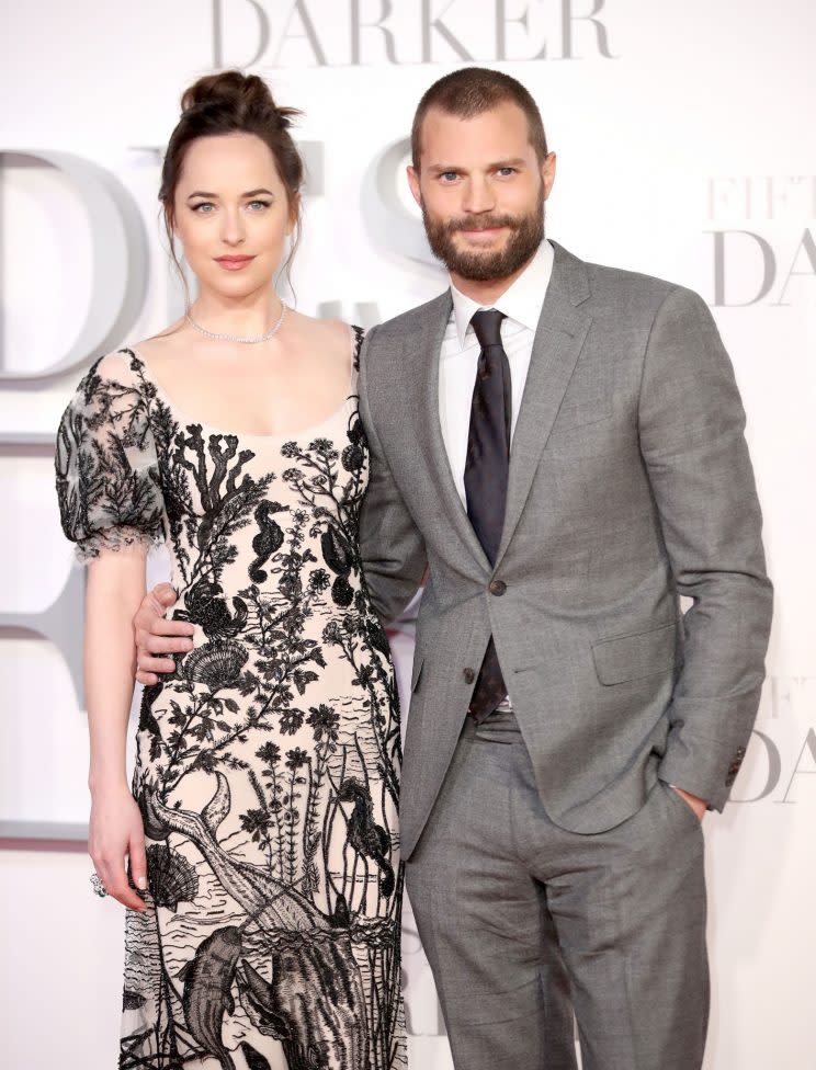 Dakota Johnson and Jamie Dornan at the 'Fifty Shades Darker' UK Premiere in London. (Photo: Mike Marsland/WireImage)