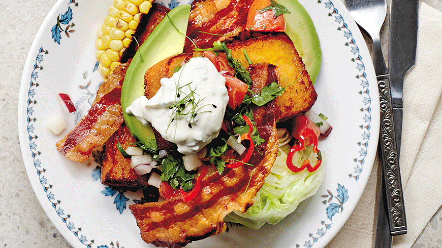 Sweetcorn french toast with panchetta and avocado from Cooked: Food for Friends. Photo: Supplied