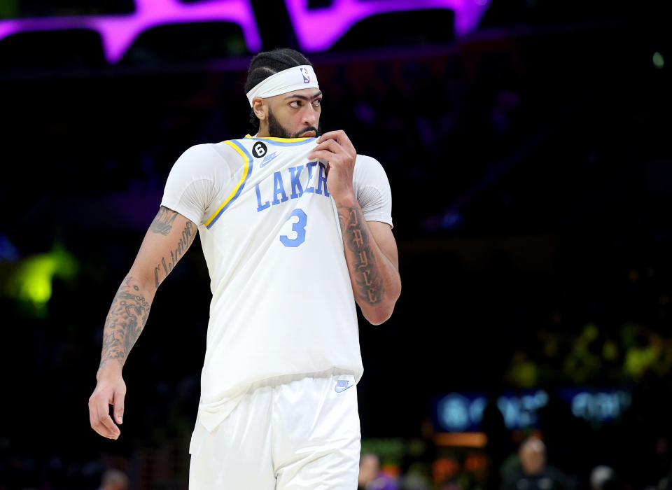 LOS ANGELES, CALIFORNIA - DECEMBER 13: Anthony Davis #3 of the Los Angeles Lakers reacts during a 122-118 BostonCeltics overtime win at Crypto.com Arena on December 13, 2022 in Los Angeles, California. NOTE TO USER: User expressly acknowledges and agrees that, by downloading and/or using this photograph, User is consenting to the terms and conditions of the Getty Images License Agreement. Mandatory Copyright Notice: Copyright 2022 NBAE. (Photo by Harry How/Getty Images)