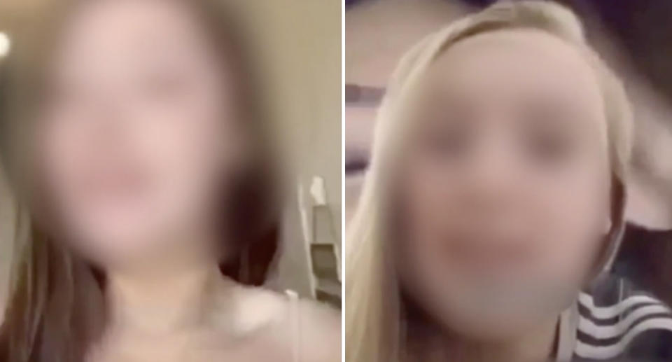 Pictured are two of the girls (blurred) guessing who has coronavirus in the TikTok video. 