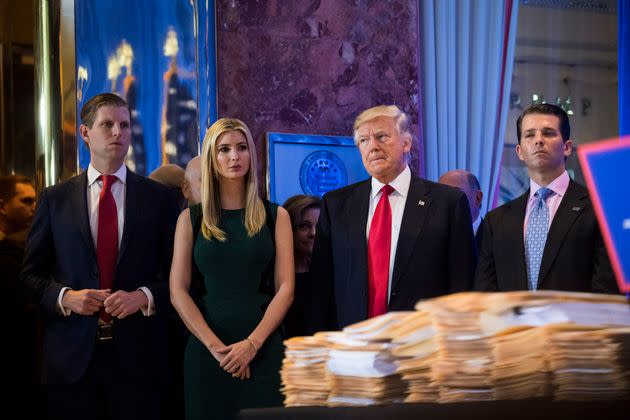 From left, Eric Trump, Ivanka Trump, Donald Trump and Donald Trump Jr. held a press conference announcing that President-elect Trump would not divest from his business on Jan. 11, 2017.