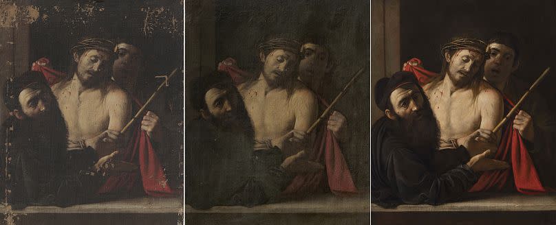 Photos provided by the Prado Museum show the restoration work on Caravaggio's "Ecce Homo"