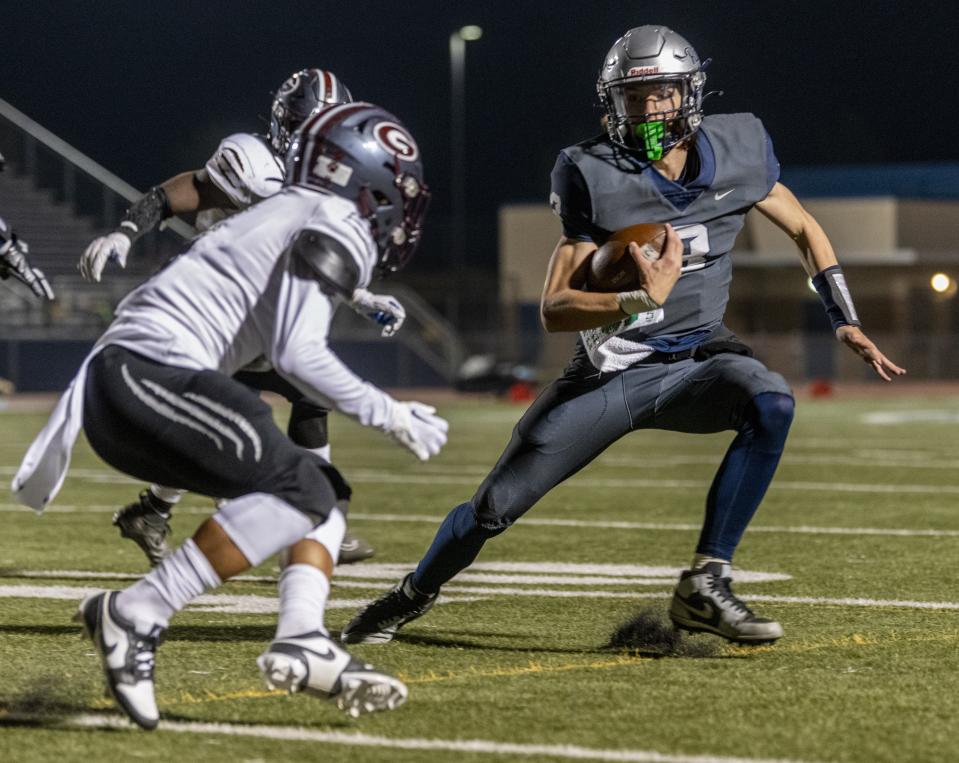 Silverado quarterback Jace Weiss runs the ball against Granite Hills on Friday, Sept. 29, 2023. Granite Hills won the game 30-20, snapping a 12-game losing streak to Silverado.