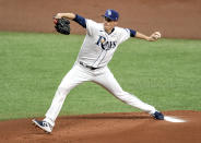 Tampa Bay Rays starter Ryan Yarbrough pitches during the first inning of a baseball game against the Boston Red Sox Wednesday, Aug. 5, 2020, in St. Petersburg, Fla. (AP Photo/Steve Nesius)