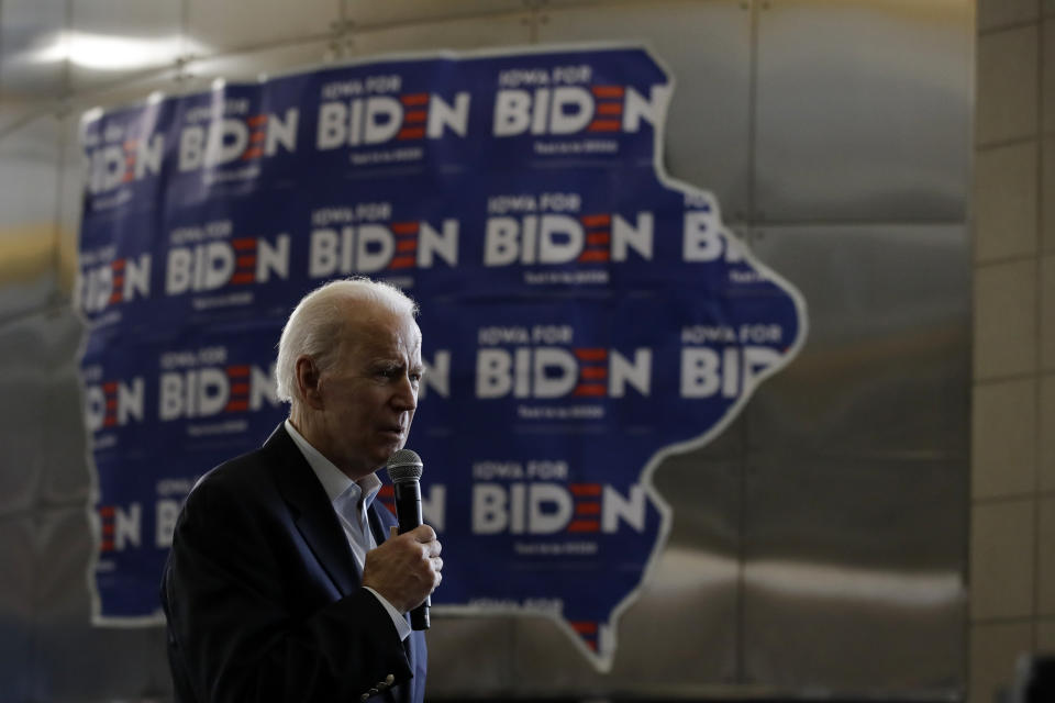 Democratic presidential candidate former Vice President Joe Biden speaks during a campaign event Sunday, Feb. 2, 2020, in Dubuque, Iowa. (AP Photo/Marcio Jose Sanchez)