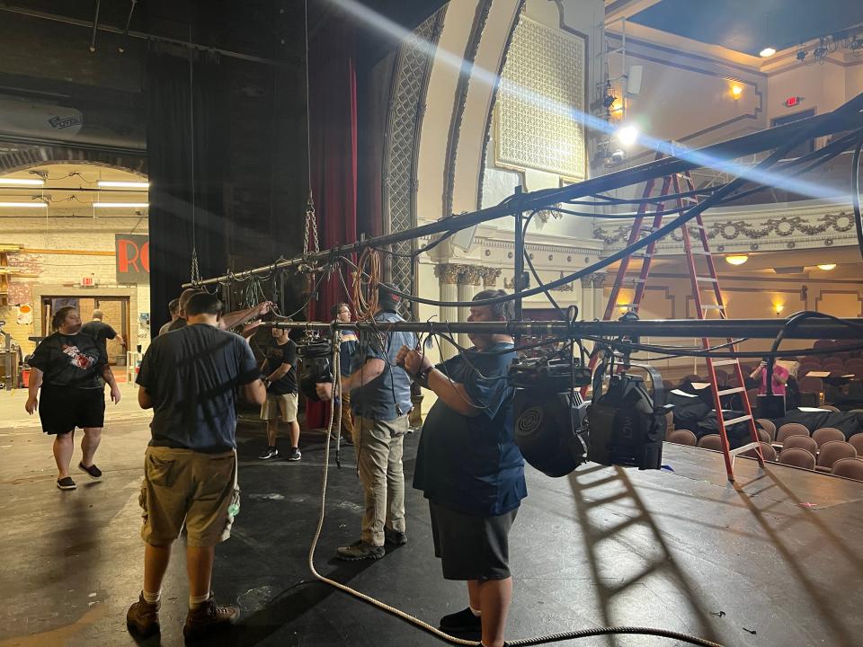 A work crew turns its attention to a line set holding stage lights at Muncie Civic Theatre as they prepare for a new computerized rigging system to be installed this summer and fall.
(Photo: Angelus Kocoshis/Muncie Civic Theatre)