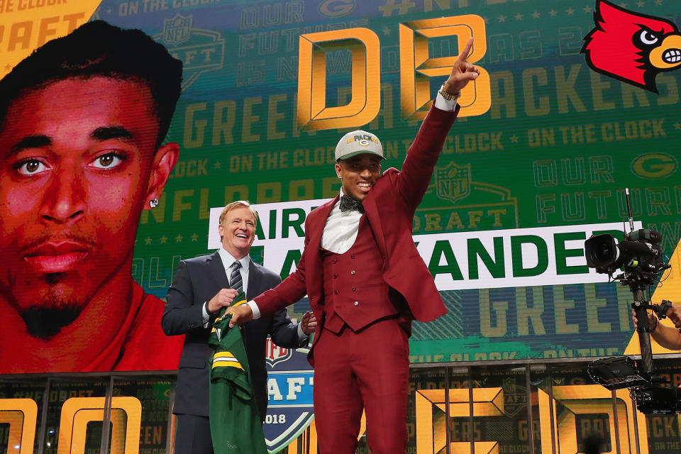 Louisville cornerback Jaire Alexander got picked by the Green Bay Packers, then celebrated the Ravens’ pick of Lamar Jackson later in the NFL draft’s first round. (Getty)