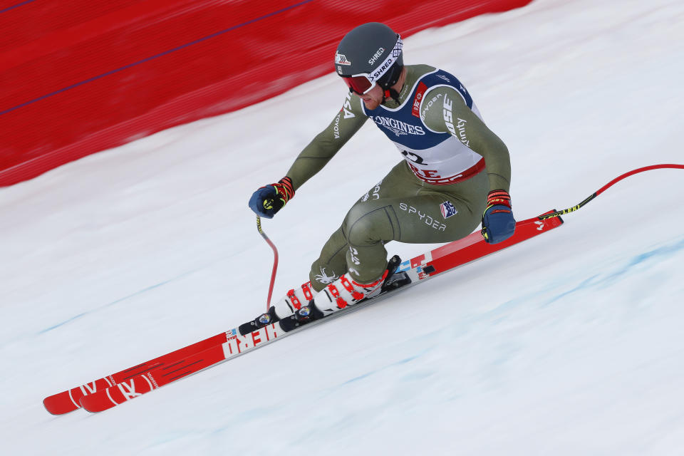 United States' Ryan Cochran Siegle speeds down the course during the downhill portion of the men's combined, at the alpine ski World Championships in Are, Sweden, Monday, Feb.11, 2019. (AP Photo/Gabriele Facciotti)