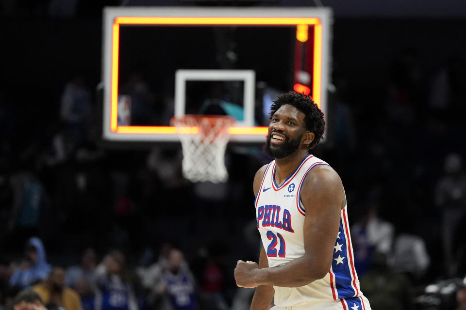 Philadelphia 76ers center Joel Embiid celebrates after their win against the Charlotte Hornets in an NBA basketball game on Saturday, Jan. 20, 2024, in Charlotte, N.C. (AP Photo/Chris Carlson)