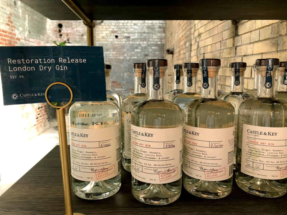 In this Friday, Sept. 14, 2018 photo, bottles of gin produced at Castle & Key Distillery are displayed for sale at the distillery’s gift shop in Millville, Ky. Spirits production resumed at the famed distilling site in late 2016, but the new brand’s bourbon won’t reach consumers until around 2021. (AP Photo/Bruce Schreiner)