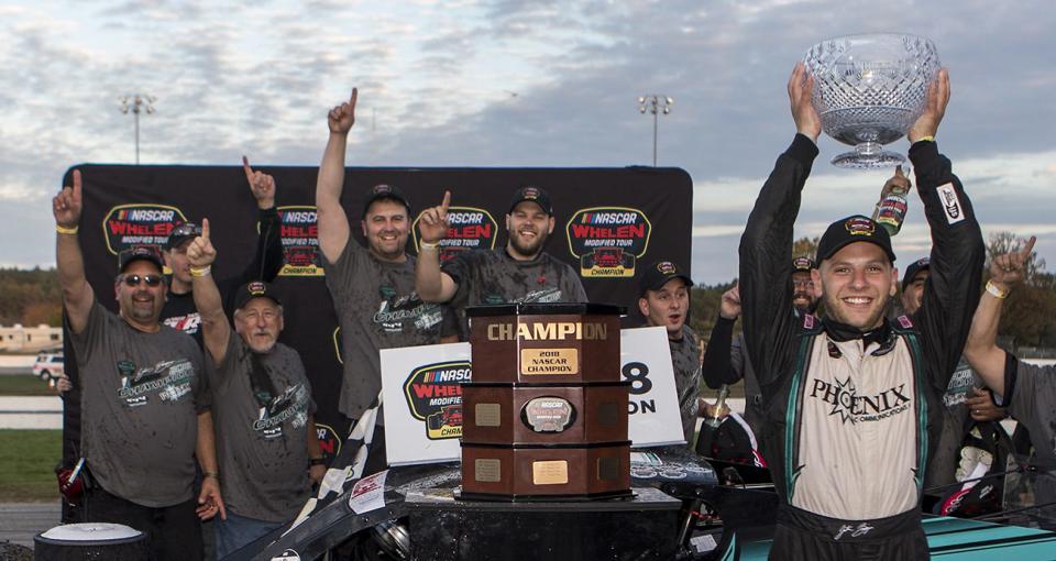 THOMPSON, CT - OCTOBER 14: Justin Bonsignore, driver of the #51 Chevy LFR Phoenix Communications, celebrates in victory lane after winning the 2018 NASCAR Whelen Modified Tour Championship on October 14, 2018 at Thompson Speedway Motorsports Park in Thompson, Connecticut. (Photo by Ruby Wallau/NASCAR)