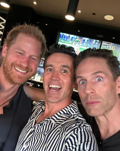 <p>Rob McElhenney/Instagram</p> Prince Harry, Rob McElhenney and Glenn Howerton smiled in a photo McElhenney posted on Instagram on Dec. 31, 2023.