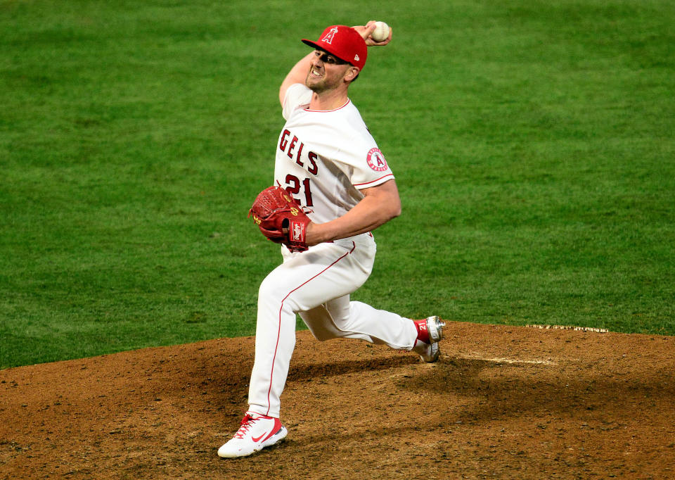 Mike Mayers of the Los Angeles Angels pitches against the Houston Astros on April 5.