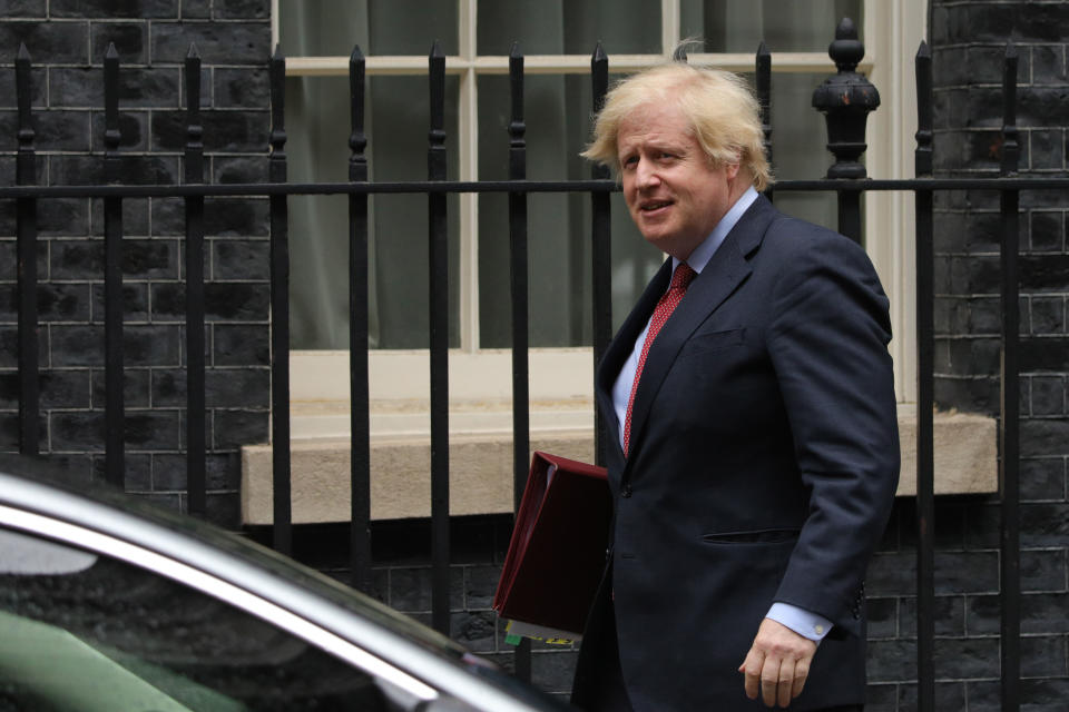 LONDON, June 10, 2020 -- British Prime Minister Boris Johnson leaves 10 Downing Street for Prime Minister's Questions at the House of Commons, in London, Britain on June 10, 2020. British Prime Minister Boris Johnson confirmed Wednesday that zoos and outdoor attractions in England will be allowed to reopen from Monday, but still social distancing rules must be followed. (Photo by Tim Ireland/Xinhua via Getty) (Xinhua/Tim Ireland via Getty Images)