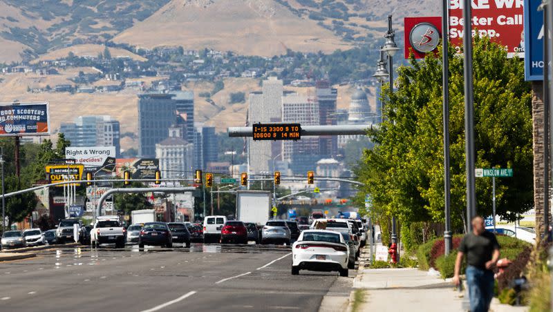 Heat distortion is seen on State Street in Salt Lake City on July 21. Last month ended up in a tie as Salt Lake City’s third hottest July on record.