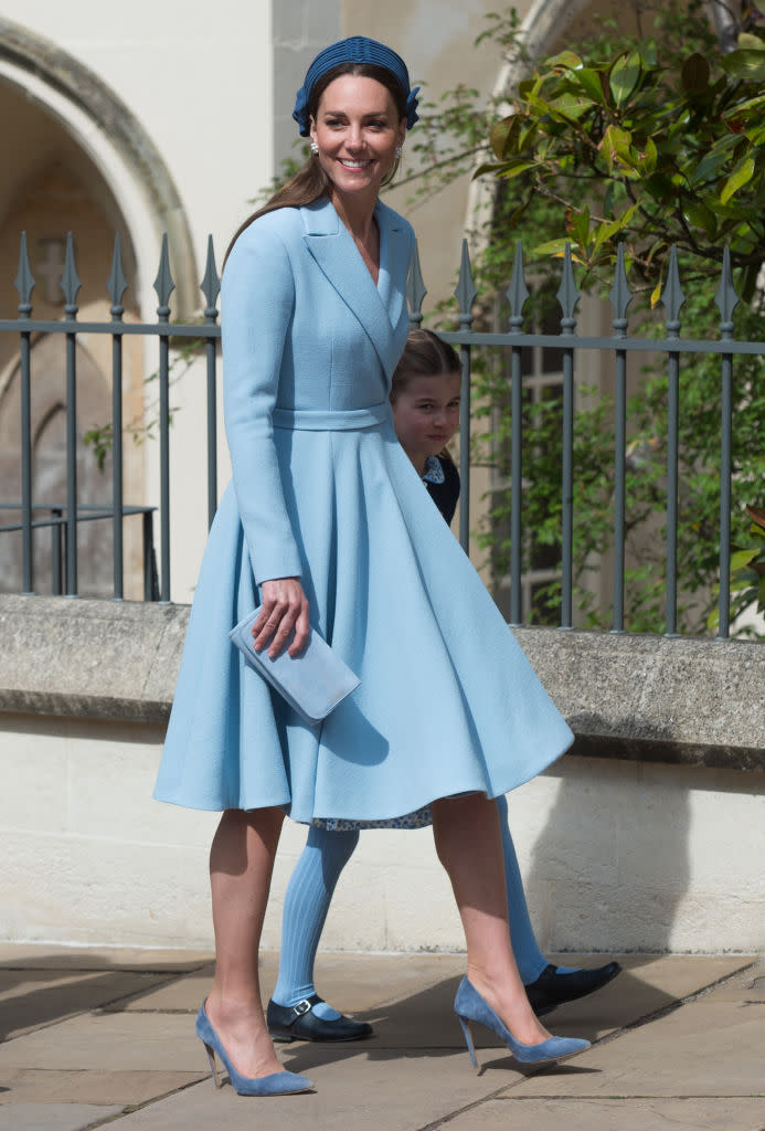 WINDSOR, ENGLAND - APRIL 17: The Duchess of Cambridge with Princess Charlotte attend the traditional Easter Sunday Church service at St Georges Chapel in the grounds of Windsor Castle on April 17, 2022 in Windsor, England. (Photo by Antony Jones/GC Images)