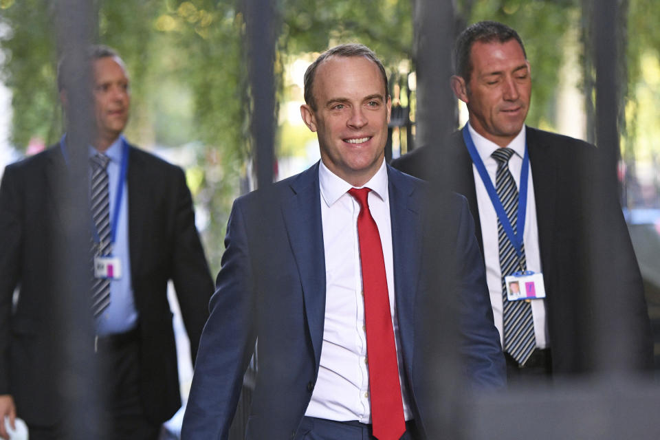 Britain's Foreign Secretary Dominic Raab arrives for a Cabinet meeting at 10 Downing Street in London, Tuesday Oct. 8, 2019. Britain and the European Union appeared to be poles apart Monday on a potential Brexit deal. (Stefan Rousseau/PA via AP)