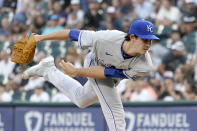 Kansas City Royals starting pitcher Daniel Lynch follows through during the first inning of a baseball game against the Chicago White Sox Thursday, Aug. 5, 2021, in Chicago. (AP Photo/Charles Rex Arbogast)