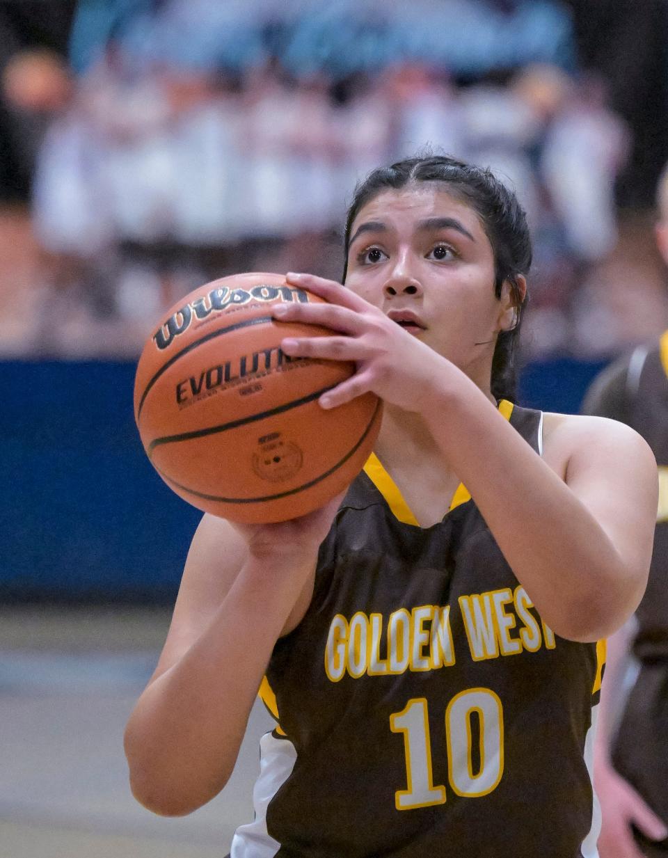 Golden West's Danae Banuelos shoots against Central Valley Christian in a girls basketball game on Thursday, January 5, 2023. 