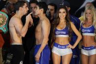 NEW YORK, NY - OCTOBER 19: (L-R) Boxers Danny Garcia and Erik Morales pose during their weigh in at the Barclays Center on October 19, 2012 in the Brooklyn Borough of New York City. (Photo by Alex Trautwig/Getty Images)