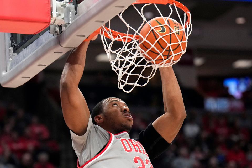 Jan 21, 2023; Columbus, OH, USA;  Ohio State Buckeyes forward Zed Key (23) dunks during the second half of the NCAA division I men’s basketball game between the Ohio State Buckeyes and the Iowa Hawkeyes at Value City Arena. Mandatory Credit: Joseph Scheller-The Columbus Dispatch