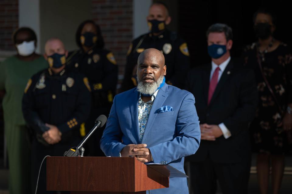 Rev. Rudy Ferguson, chair of the Tallahassee Police Department's Citizens Advisory Committee, speaks during a press conference held by the city of Tallahassee and TPD to introduce the Tallahassee Bystander app at TPD Headquarters Tuesday, August 24, 2021.
