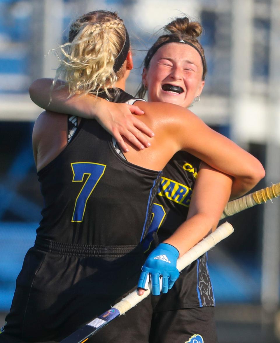 Delaware's Berber Bakermans (left) embraces Sian Emslie as they celebrate Bakermans' second half goal in Delaware's 2-0 season-opening win against Virginia Commonwealth at Rullo Stadium Friday, August 26, 2022.