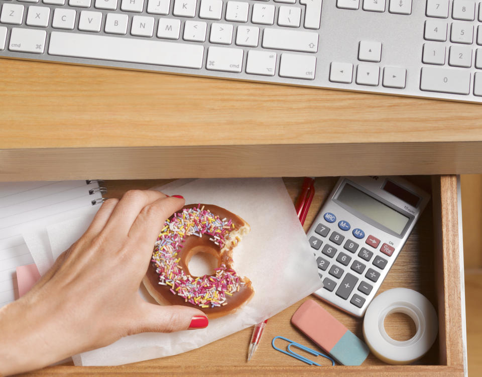 Doughnut inside an office drawer. Photo: Getty Images 
