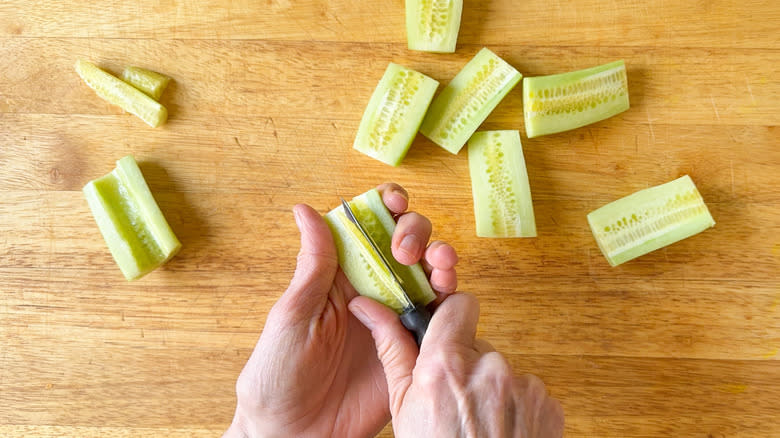 slicing and deseeding cucumber