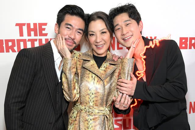 <p>Charley Gallay/Getty</p> Justin Chien, Michelle Yeoh, and Sam Song Li attend "The Brothers Sun" premiere