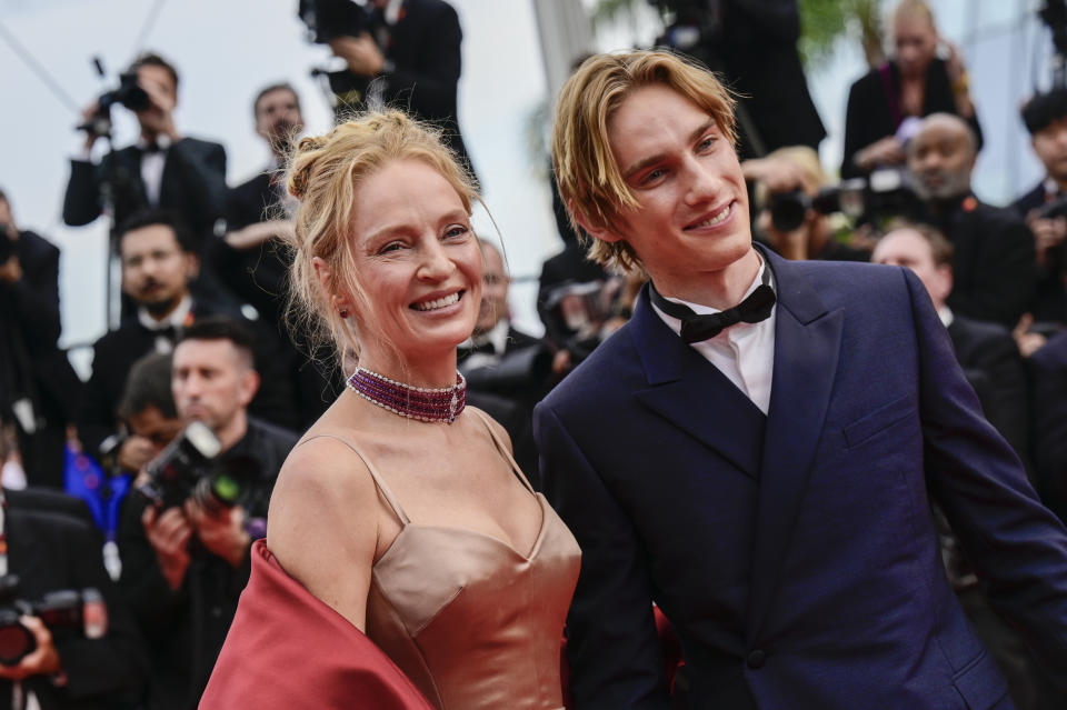 CANNES, FRANCE - MAY 16: Uma Thurman and Levon Roan Thurman-Hawke attend the 