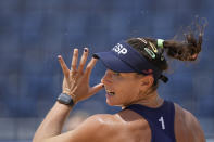 Liliana Fernandez Steiner, of Spain, looks for the ball during a women's beach volleyball match against Canada at the 2020 Summer Olympics, Monday, Aug. 2, 2021, in Tokyo, Japan. (AP Photo/Petros Giannakouris)