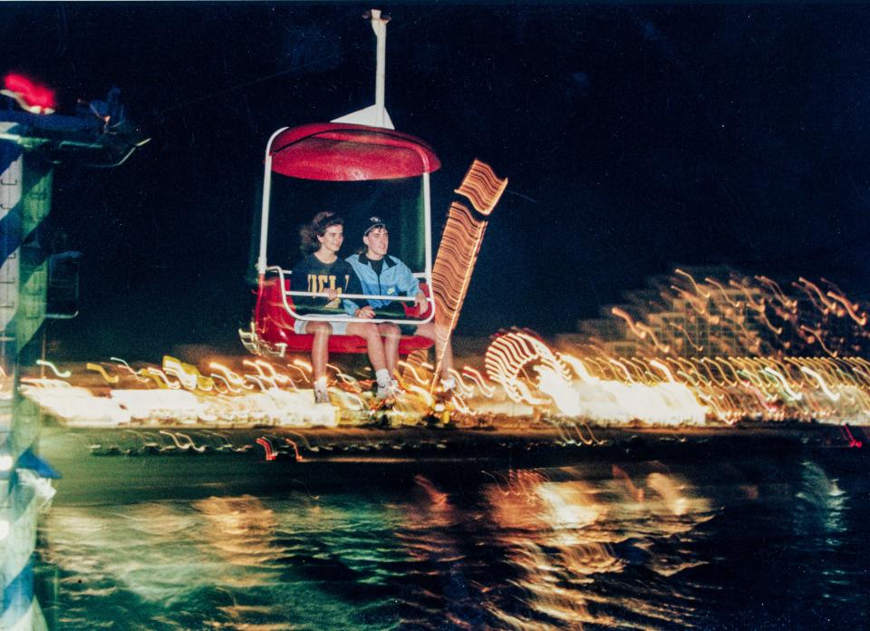 Two Indiana teens here for spring break share a ride on the pier's sky lift, March 30, 1992.