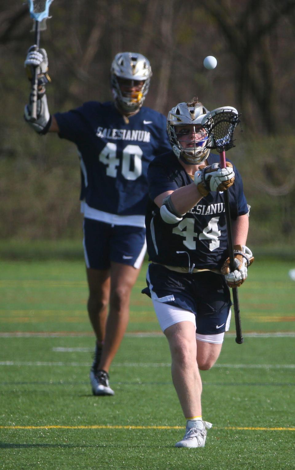 Salesianum's John Gormley corrals the ball in the first half of Salesianum's 17-5 win at Archmere Academy, Wednesday, April 5, 2023.