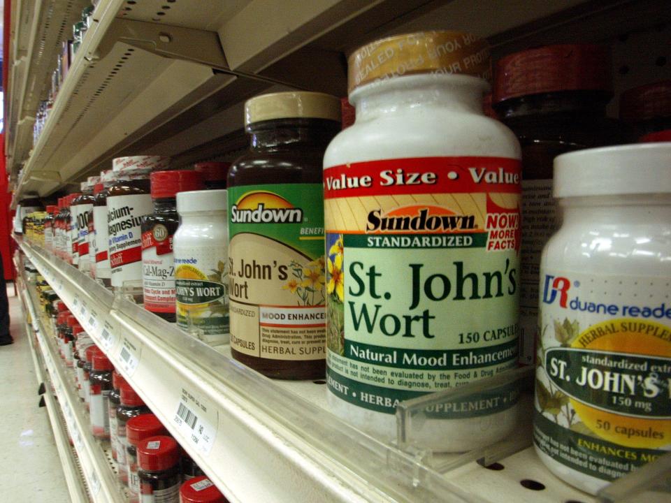 St. John's Wort supplement bottle sitting on pharmacy shelf