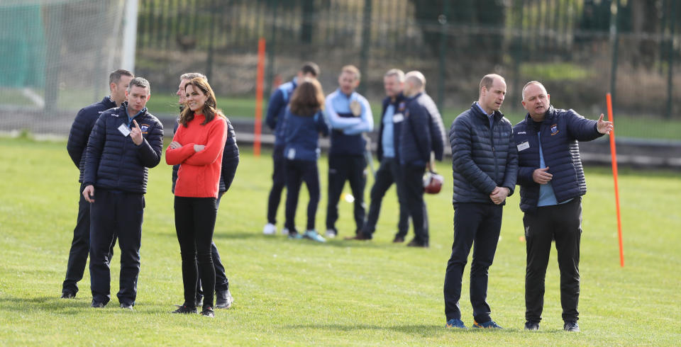 The Duke and Duchess of Cambridge at a local Gaelic Athletic Association (GAA) club during the third day of the roya visit to the Republic of Ireland.