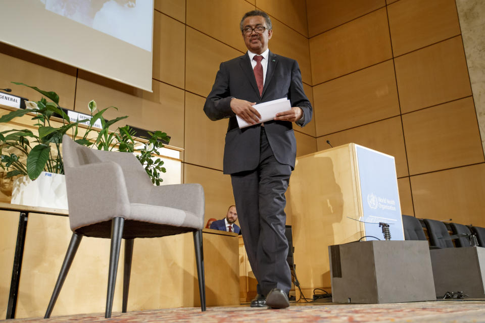 Tedros Adhanom Ghebreyesus, Director General of the World Health Organization (WHO) leaves the podium after his statement, during the first day of the 72nd World Health Assembly at the European headquarters of the United Nations in Geneva, Switzerland, Monday, May 20, 2019. (Salvatore Di Nolfi/Keystone via AP)