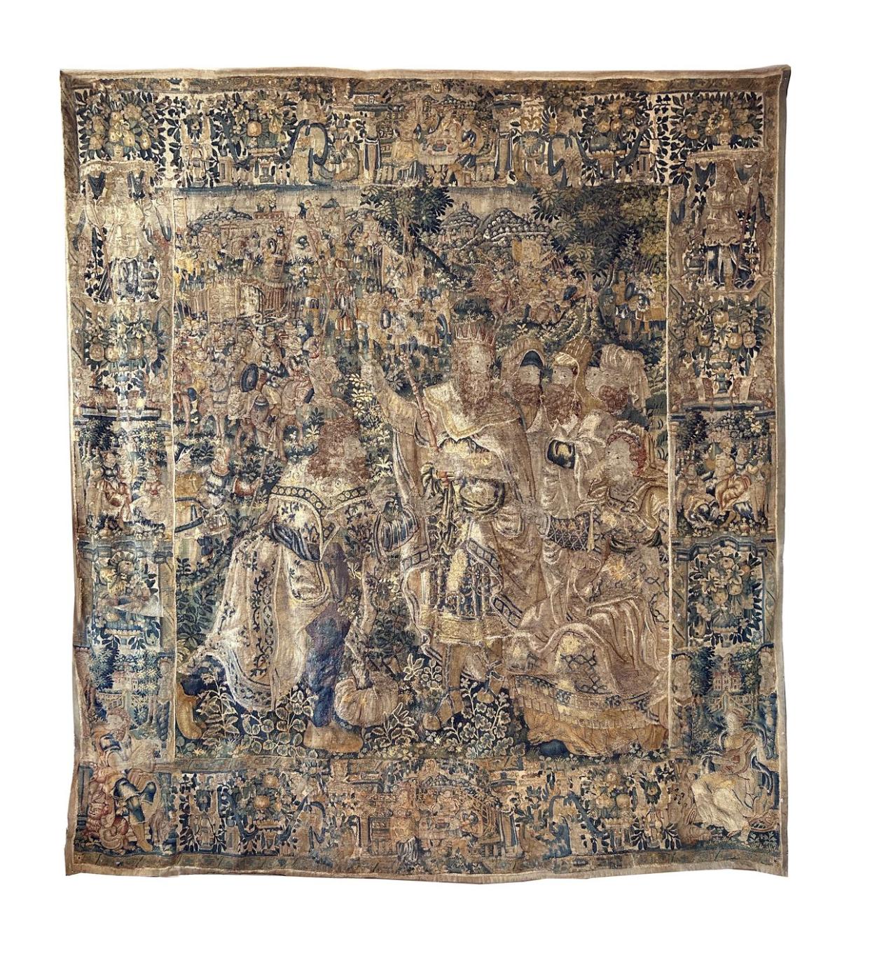 klismos tapestry featuring biblical queen esther and king ahasuerus