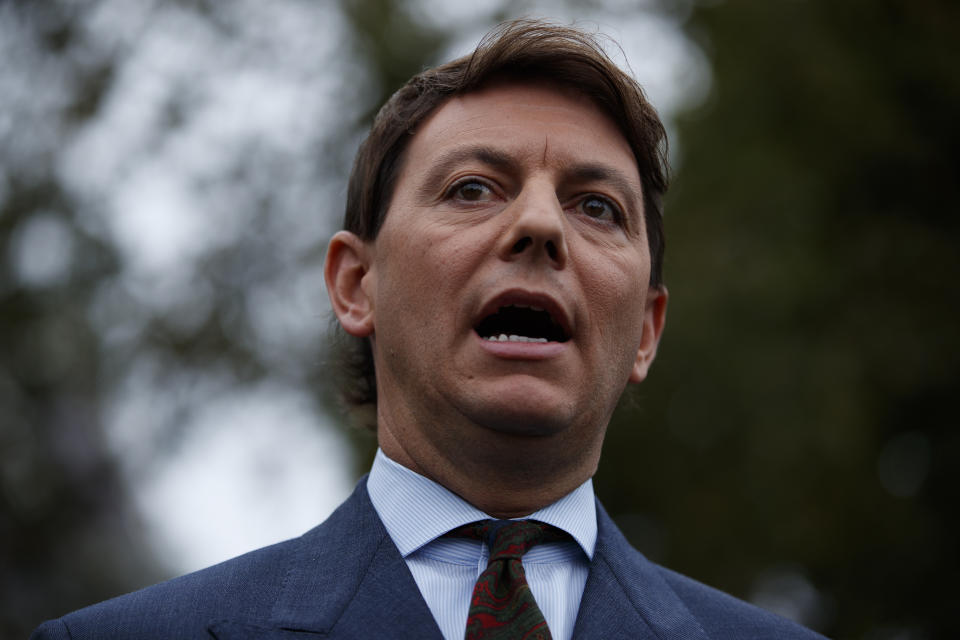 White House deputy press secretary Hogan Gidley speaks with reporters outside the White House, Tuesday, Oct. 22, 2019, in Washington. (AP Photo/Evan Vucci)