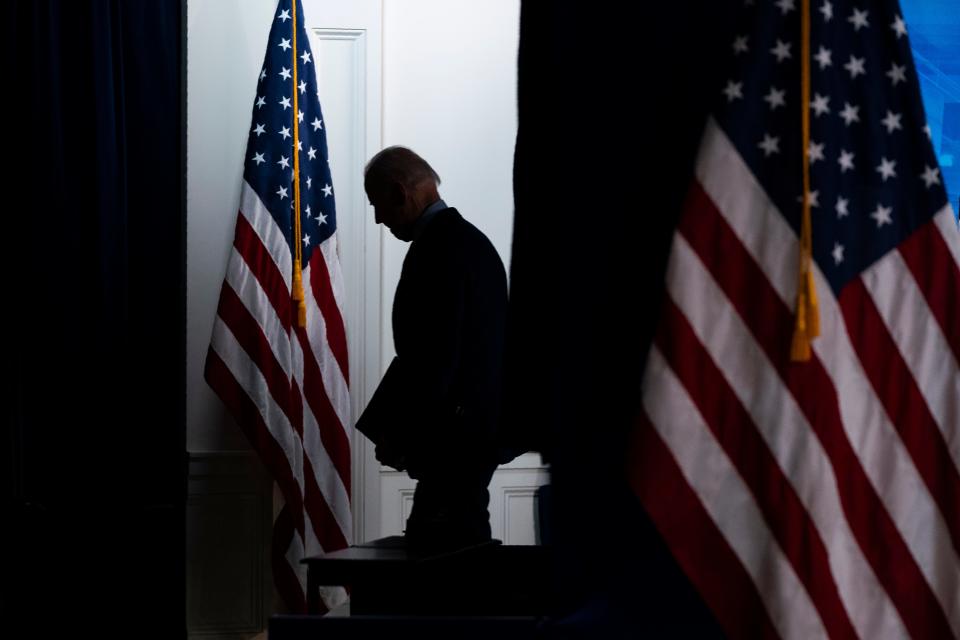 President Joe Biden walks off after speaking about COVID-19 vaccinations at the White House on April 21, 2021, in Washington.