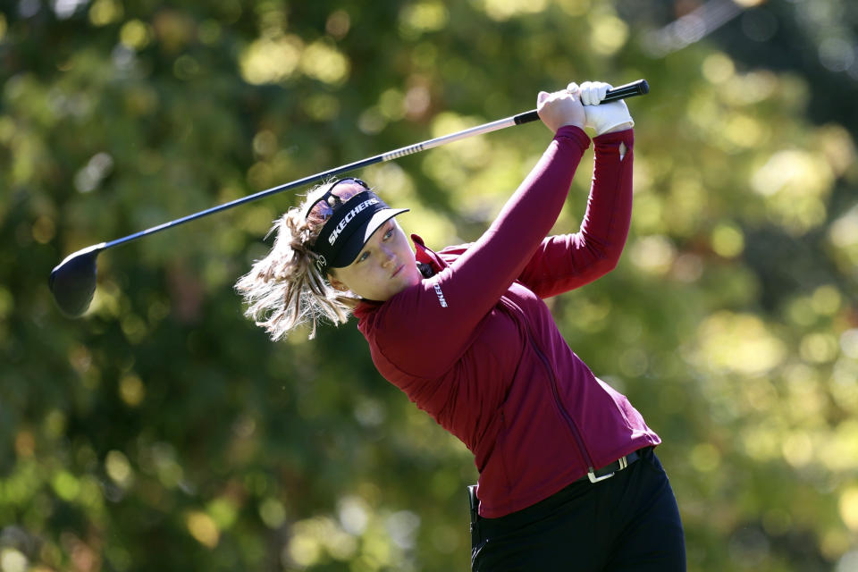 Brooke Henderson, of Canada, watches her tee shot on 14th hole during the first round of the LPGA Cambia Portland Classic golf tournament in Portland, Ore., Thursday, Sept. 16, 2021. (AP Photo/Steve Dipaola)