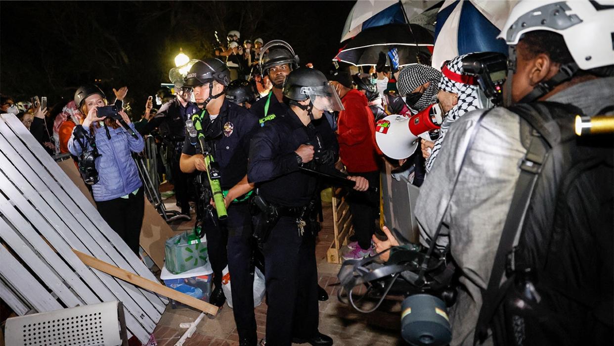 Police officers, protesters